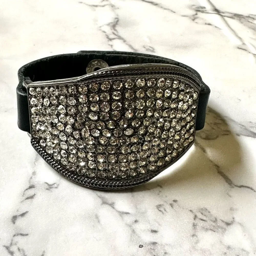 Yik Fung black leather rhinestone bracelet